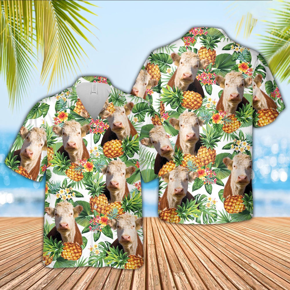 Hereford Pineapple Pattern 3D Hawaiian Shirt, Farm Hawaiian Shirt, Farmer Hawaii