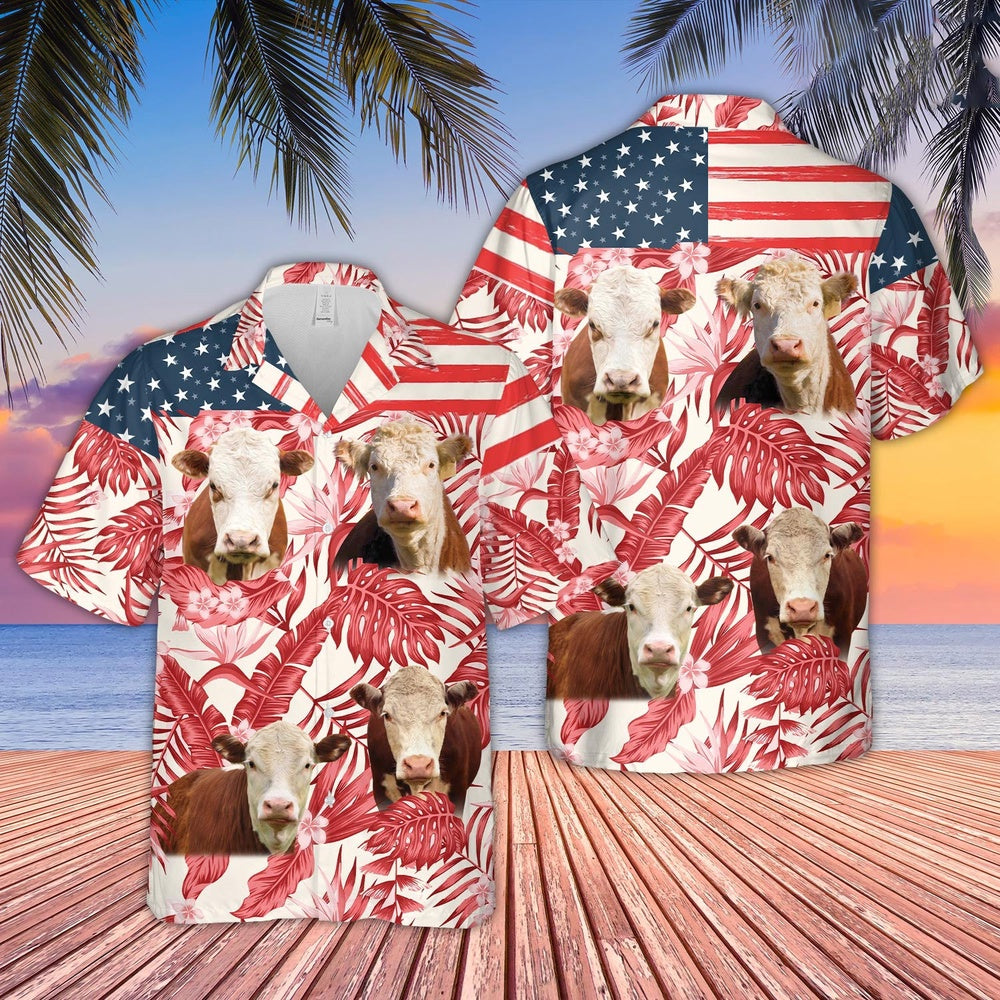 Hereford Red Floral US Flag Hawaiian Shirt, Farm Hawaiian Shirt, Farmer Hawaii