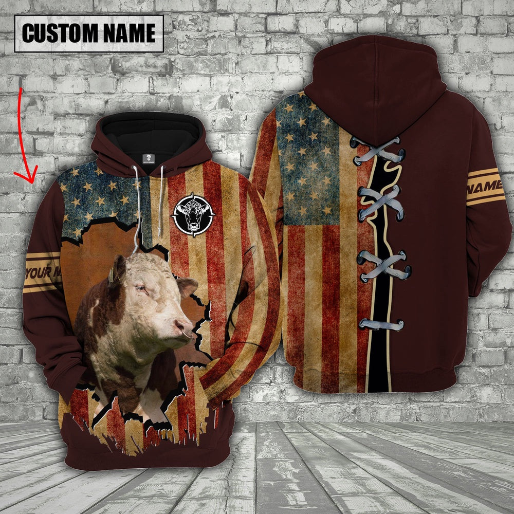 Hereford US Flag Retro Personalized 3D Hoodie, Farmer Hoodie, Custom Farm Shirts, Farmer T Shirt
