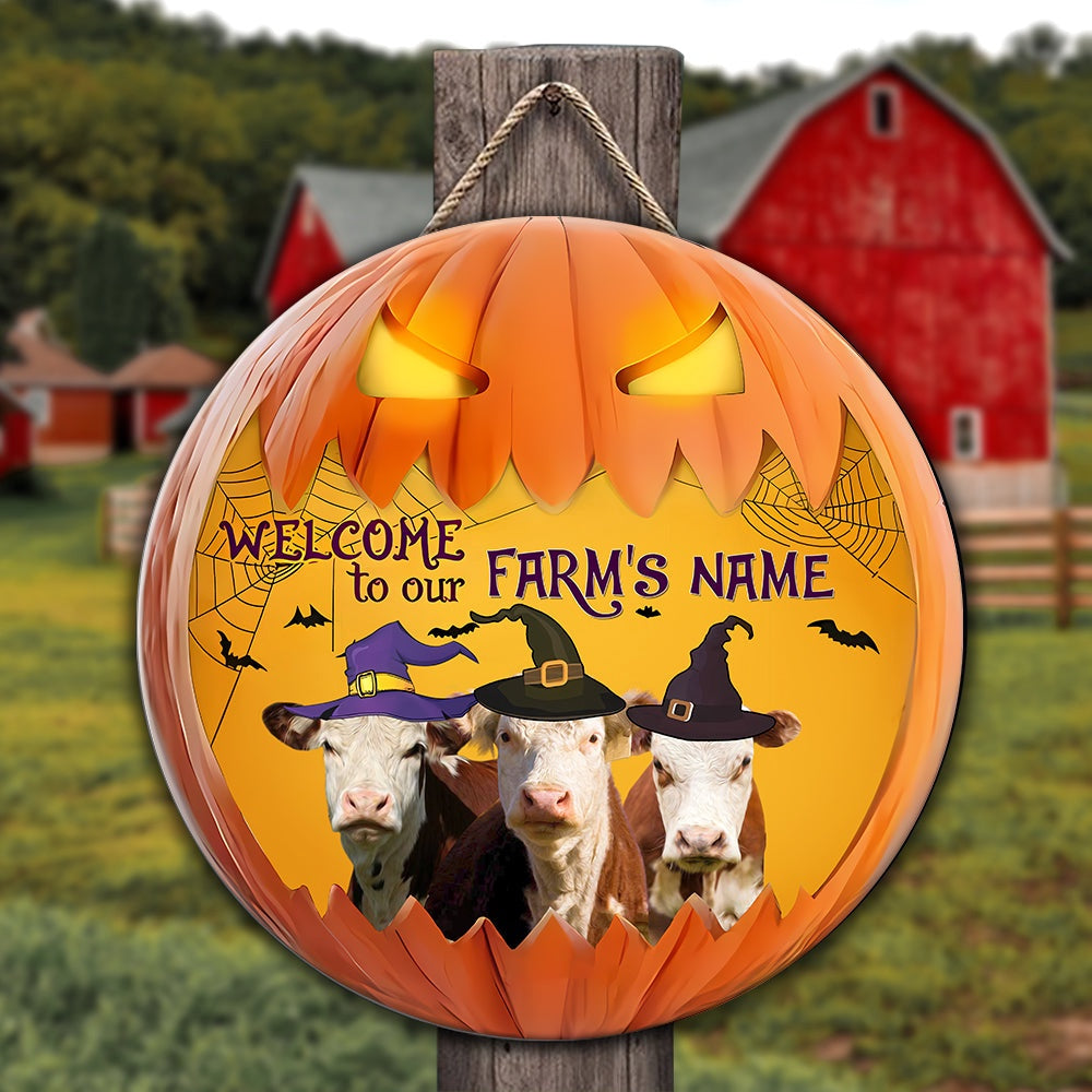 Hereford Welcome To Our Farm Pumpkin Pattern Happy Halloween Wooden Sign, Farm Wood Sign, Farm House Wood Signs