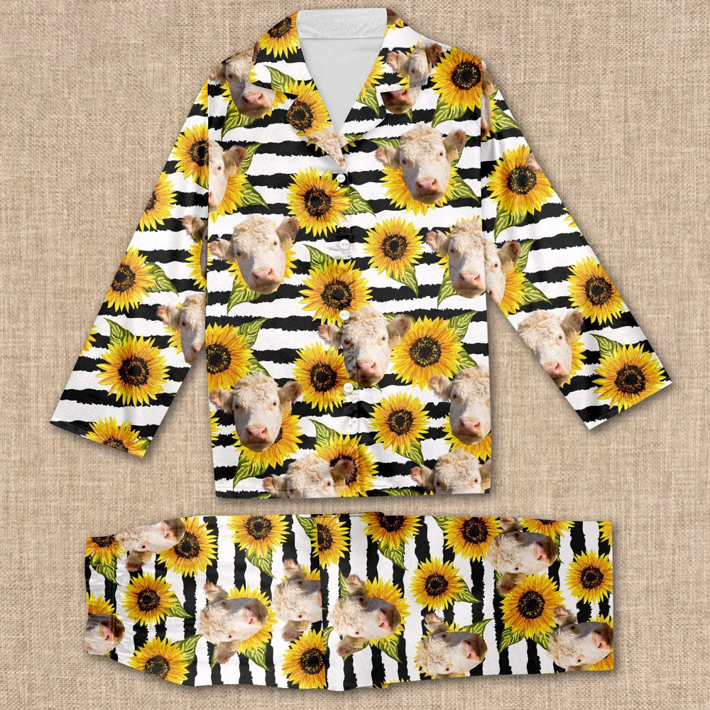 Hereford With Sun Flower Pattern All Over Print Pajamas Sets, Farm Pajamas, Farm Animal Pajamas, Christmas Farm Pajamas