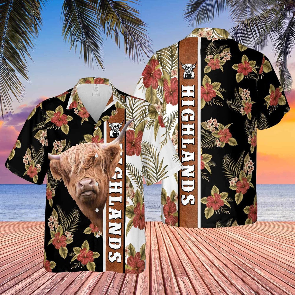 Hibiscus Flowers Highlands Cattle Brown All Over Printed Hawaiian Shirt, Farm Hawaiian Shirt, Farmer Hawaii