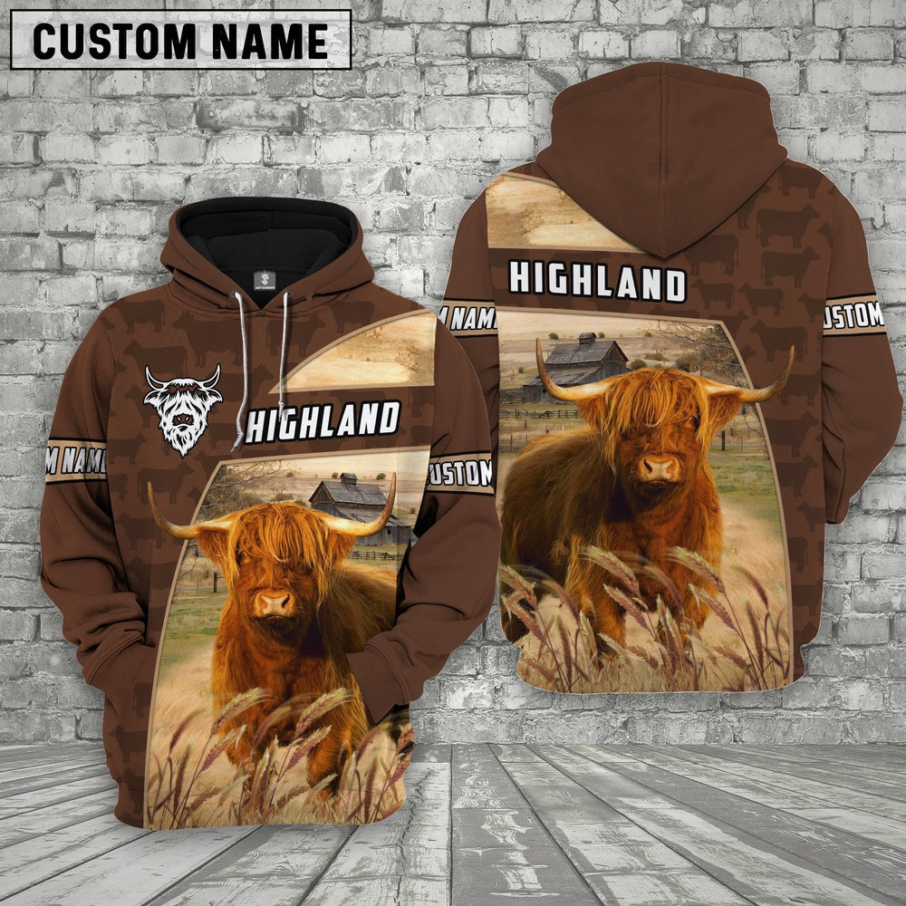 Highland Brown Farm Personalized 3D Hoodie, Farmer Hoodie, Custom Farm Shirts, Farmer T Shirt