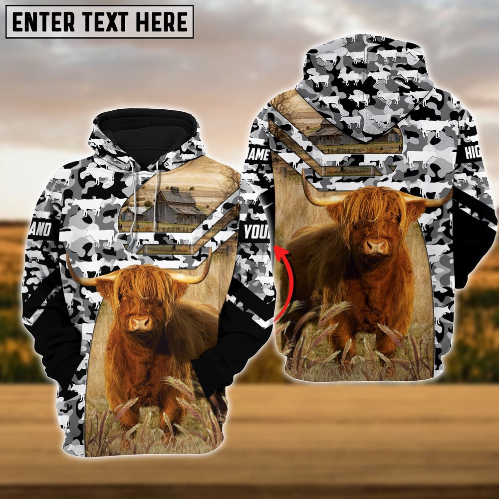 Highland Camo Animal Pattern Personalized 3D Hoodie, Farmer Hoodie, Custom Farm Shirts, Farmer T Shirt