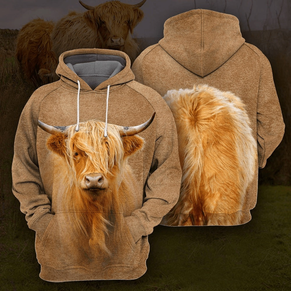 Highland Cattle All Over Printed Hoodie, Farmer Hoodie, Farm Themed Shirts, Farm Tee Shirts