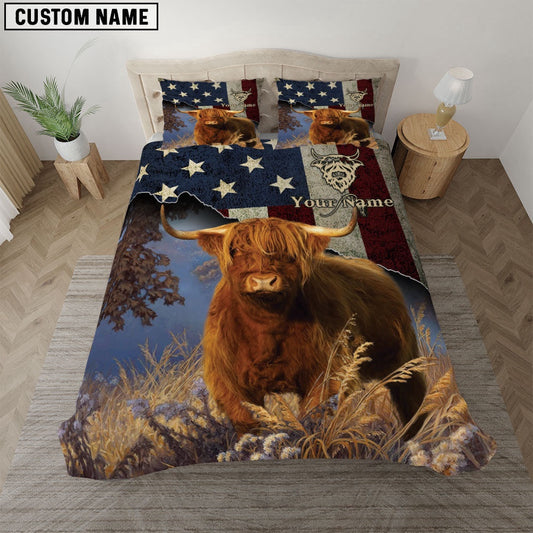 Highland Cattle America Customized Name Bedding Set, Farm Bedding Set, Farmhouse Bedding Set