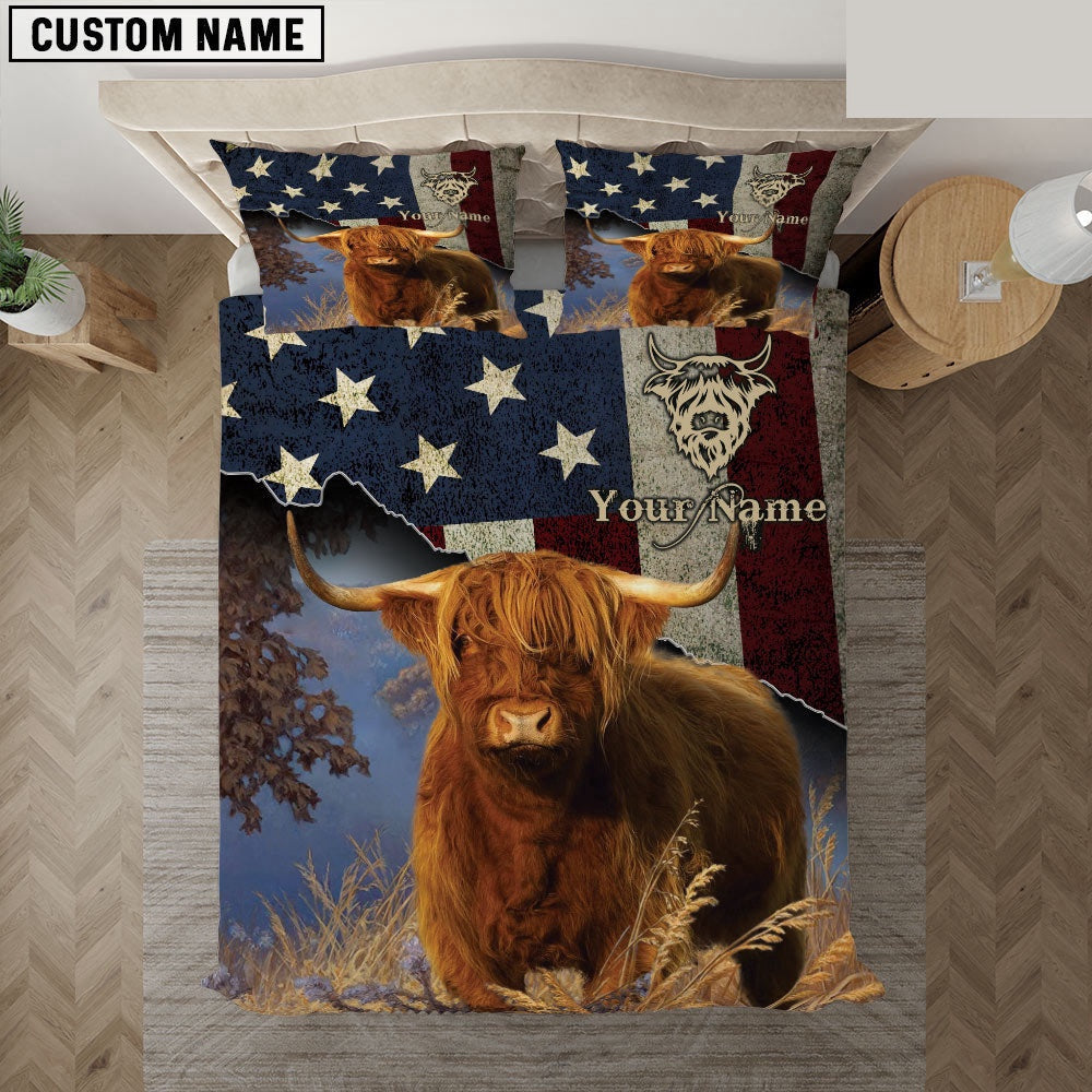 Highland Cattle America Customized Name Bedding Set, Farm Bedding Set, Farmhouse Bedding Set