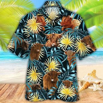 Highland Cattle Blue And Yellow Tropical Plants Hawaiian Shirt, Farm Hawaiian Shirt, Farmer Hawaii