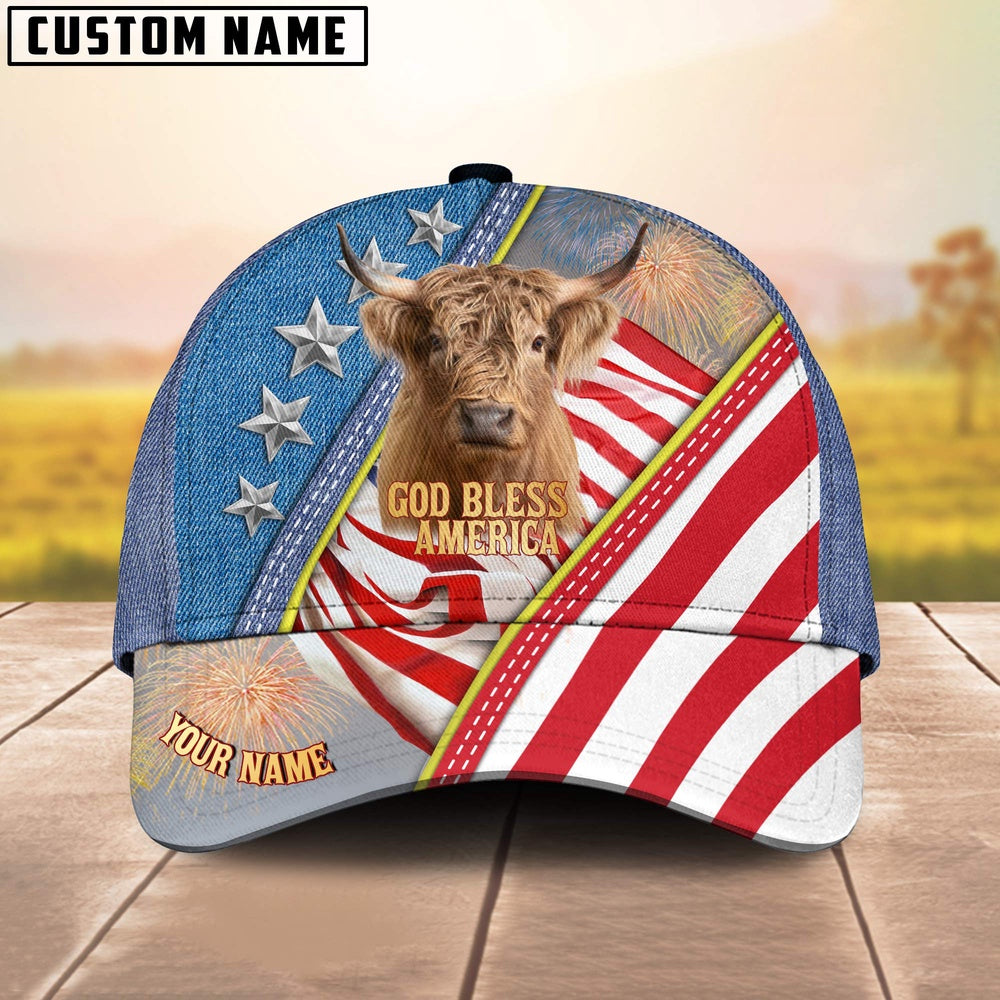 Highland Cattle Blue Denim Pattern Customized Name Cap, Farmer Cap, Cap For Farmers, Best Farm Hat, Farm Use Hat