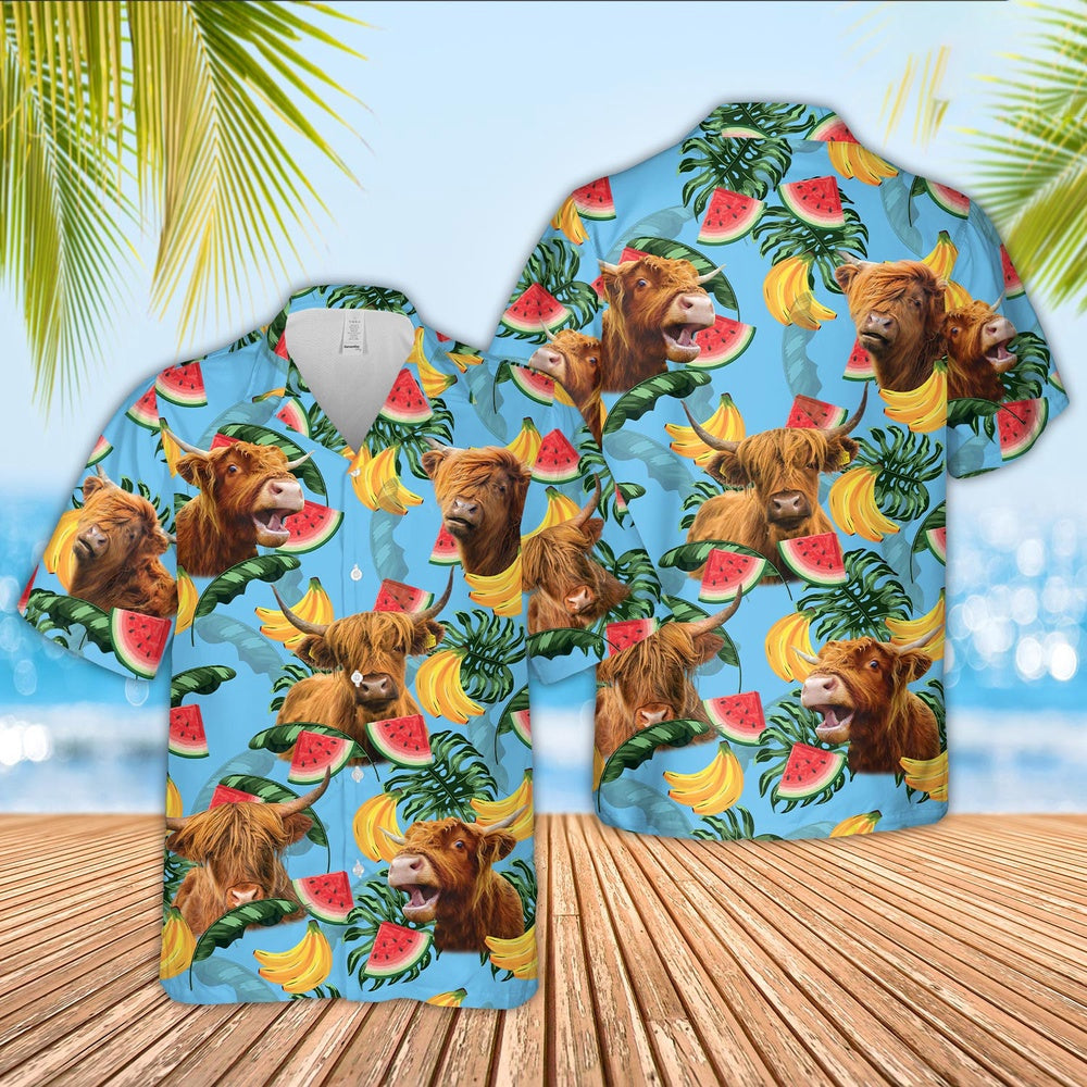 Highland Cattle Blue Tropical Fruits Pattern Hawaiian Shirt, Farm Hawaiian Shirt, Farmer Hawaii