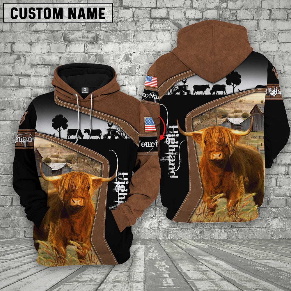 Highland Cattle Brown Leather Pattern Custom Name Shirts, Farmer Hoodie, Custom Farm Shirts, Farmer T Shirt