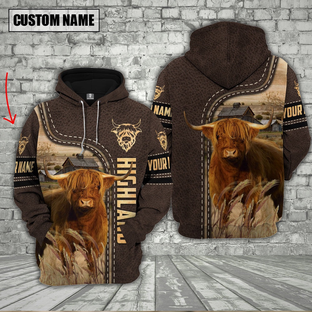 Highland Cattle Brown Leather Personalized 3D Hoodie, Farmer Hoodie, Custom Farm Shirts, Farmer T Shirt