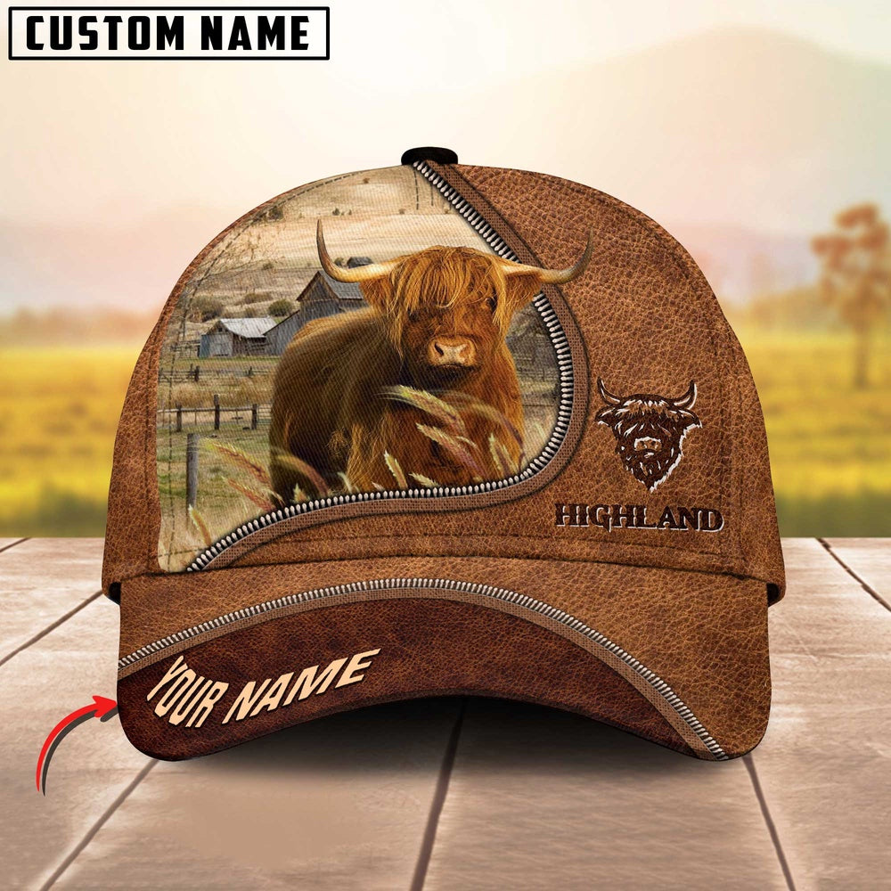 Highland Cattle Brown Leather Zip Customized Name Cap, Farmer Cap, Cap For Farmers, Best Farm Hat, Farm Use Hat