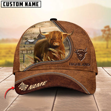 Highland Cattle Brown Leather Zip Customized Name Cap, Farmer Cap, Cap For Farmers, Best Farm Hat, Farm Use Hat