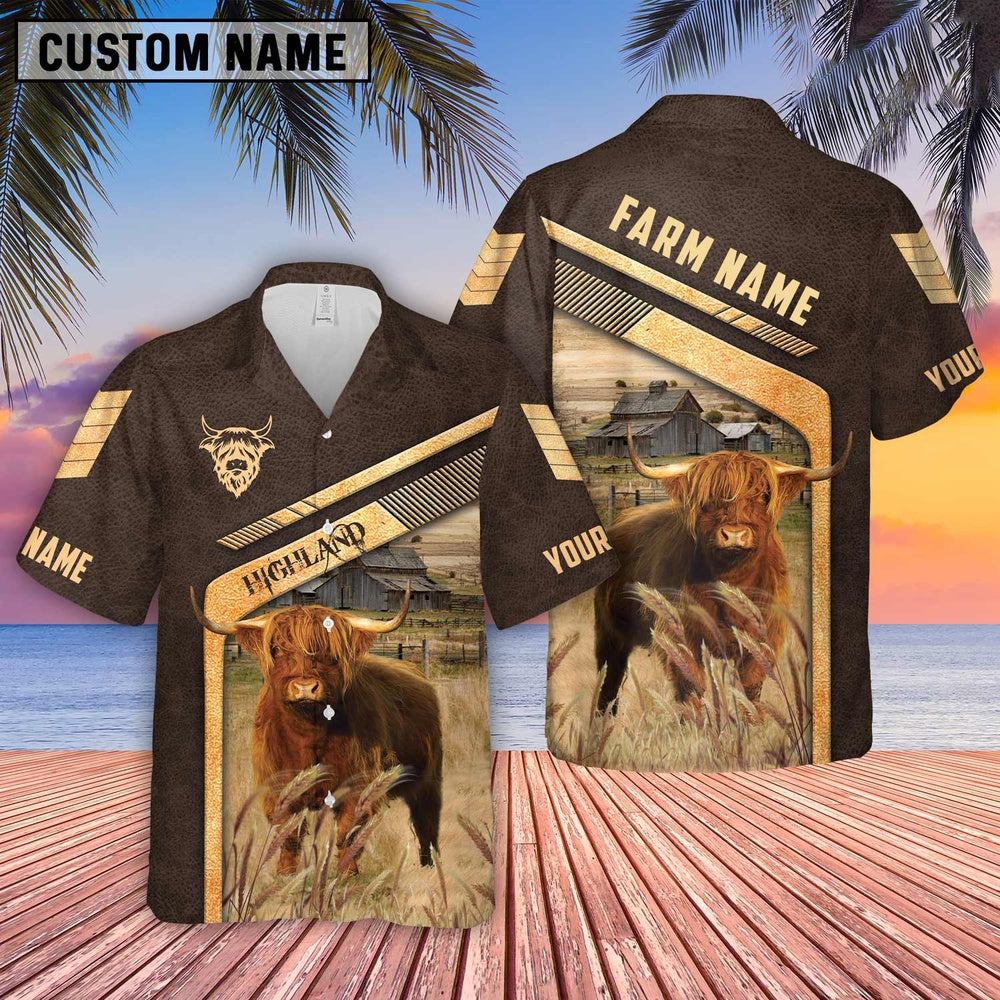 Highland Cattle Brown Pattern Customized Name Hawaiian Shirt, Farm Hawaiian Shirt, Farmer Hawaii