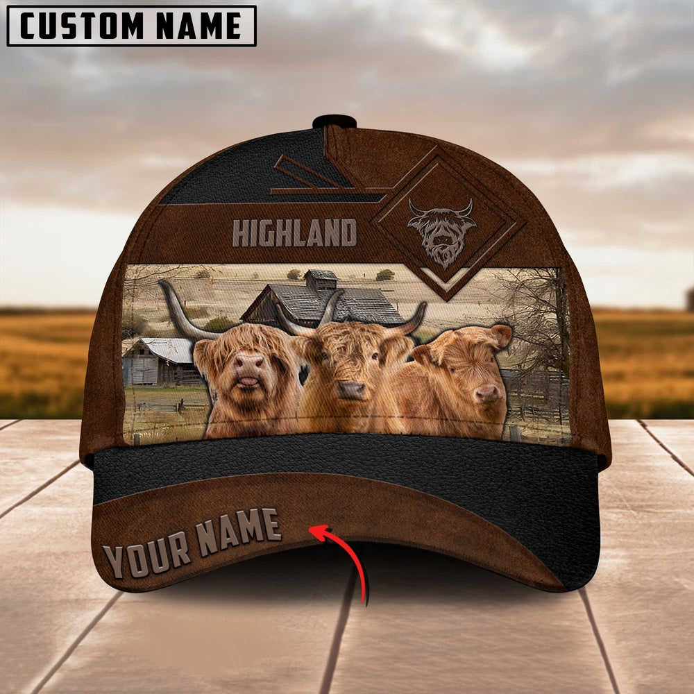 Highland Cattle Custom Name Brown Leather Pattern Cap, Farmer Cap, Cap For Farmers, Best Farm Hat, Farm Use Hat