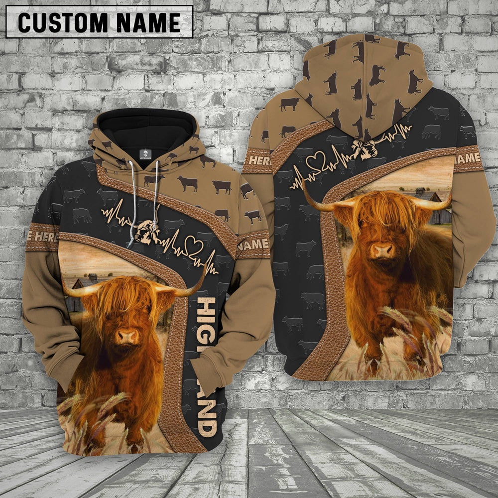 Highland Cattle Custom Name Heart Beat Hoodie, Farmer Hoodie, Custom Farm Shirts, Farmer T Shirt