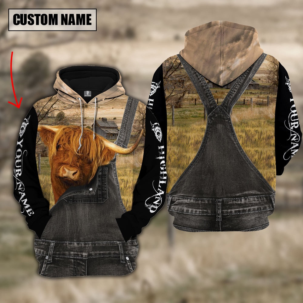 Highland Cattle Custom Name Overalls Hoodie, Farmer Hoodie, Custom Farm Shirts, Farmer T Shirt