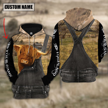 Highland Cattle Custom Name Overalls Hoodie, Farmer Hoodie, Custom Farm Shirts, Farmer T Shirt