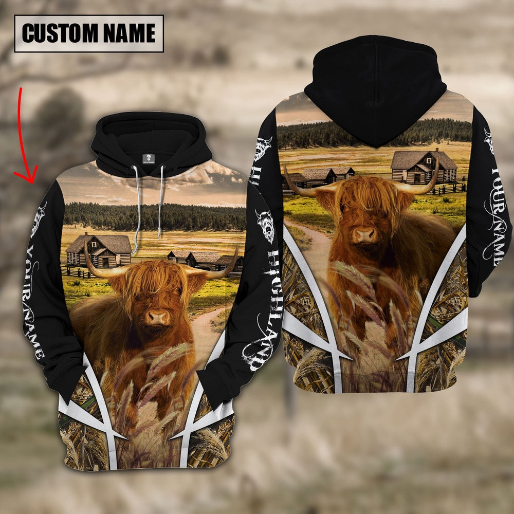 Highland Cattle Custom Name Wheat Farm Hoodie, Farmer Hoodie, Custom Farm Shirts, Farmer T Shirt