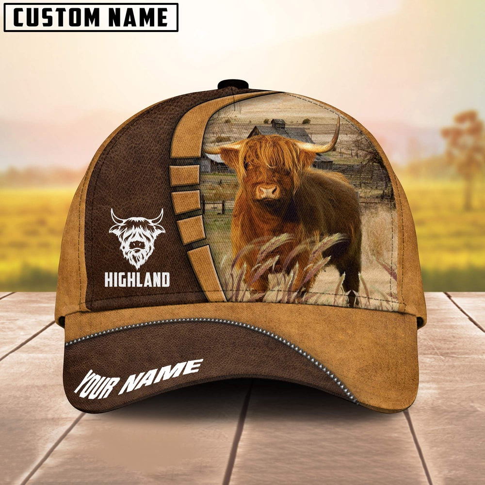 Highland Cattle Customized Name Brown 3D Cap, Farmer Cap, Cap For Farmers, Best Farm Hat, Farm Use Hat