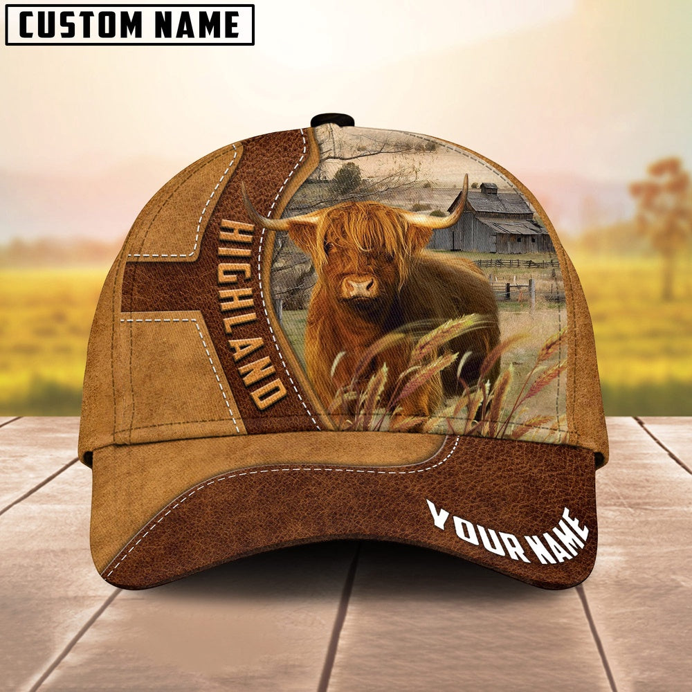 Highland Cattle Customized Name Brown Leather Pattern Cap, Farmer Cap, Cap For Farmers, Best Farm Hat, Farm Use Hat