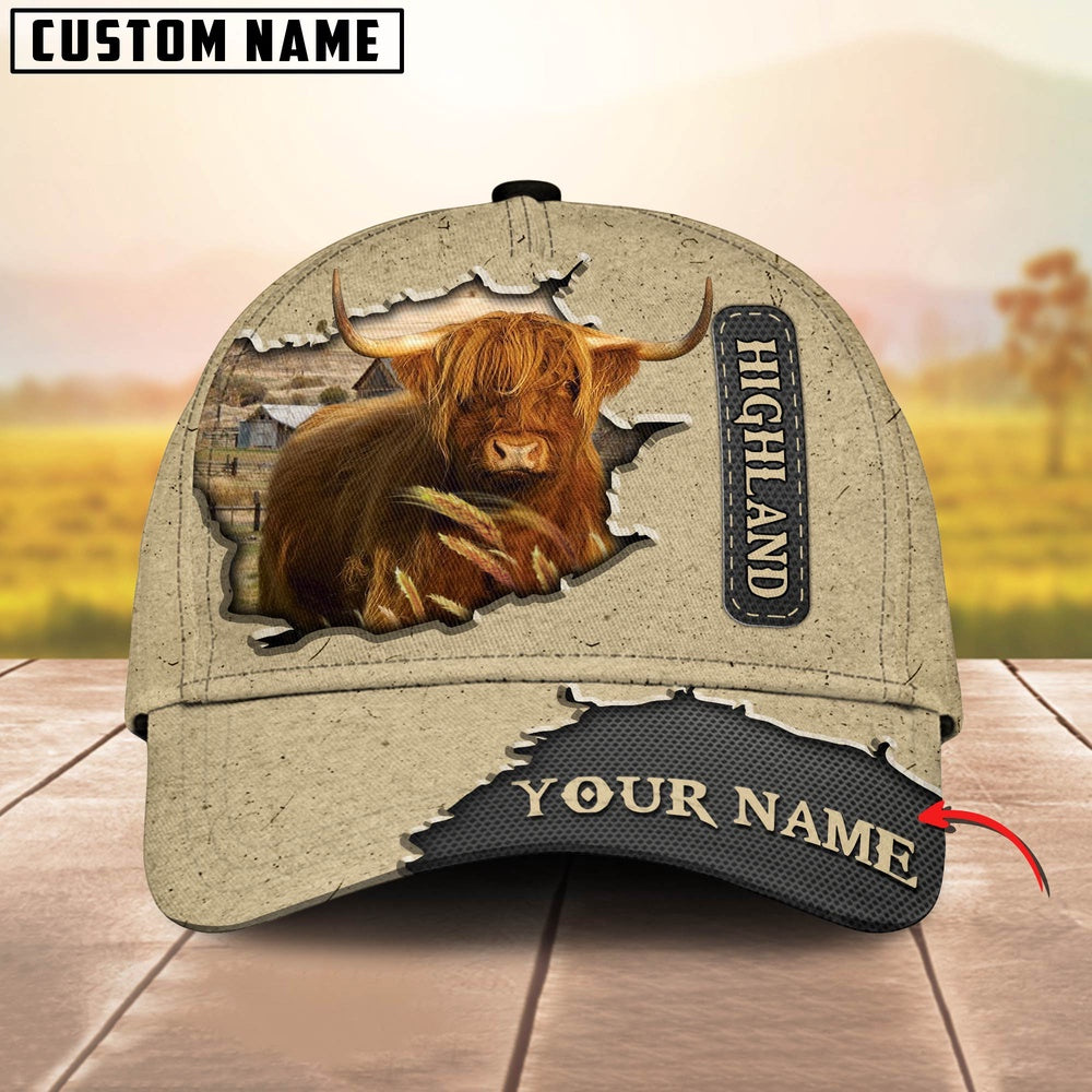 Highland Cattle Customized Name Khaki Leather Pattern Cap, Farmer Cap, Cap For Farmers, Best Farm Hat, Farm Use Hat