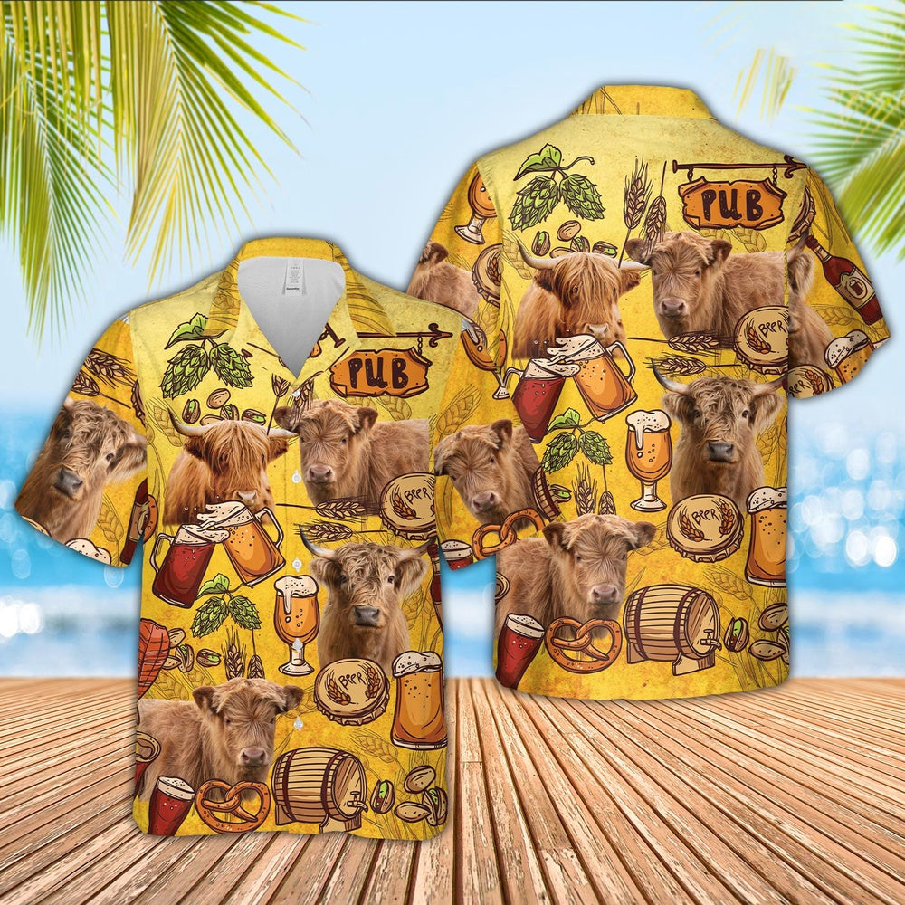 Highland Cattle Drink Beer Pattern 3D Hawaiian Shirt, Farm Hawaiian Shirt, Farmer Hawaii