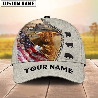 Highland Cattle Eagle US Flag Leather Pattern Customized 3D Cap, Farmer Cap, Cap For Farmers, Best Farm Hat, Farm Use Hat
