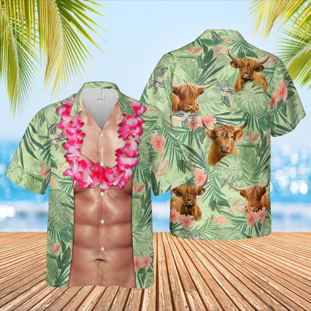 Highland Cattle Funny 6-pack Body Hawaiian Shirt, Farm Hawaiian Shirt, Farmer Hawaii