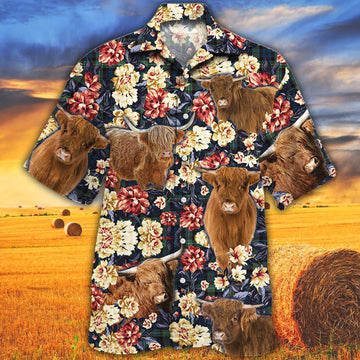 Highland Cattle Green Plaid Pattern All Over Printed Hawaiian Shirt, Farm Hawaiian Shirt, Farmer Hawaii
