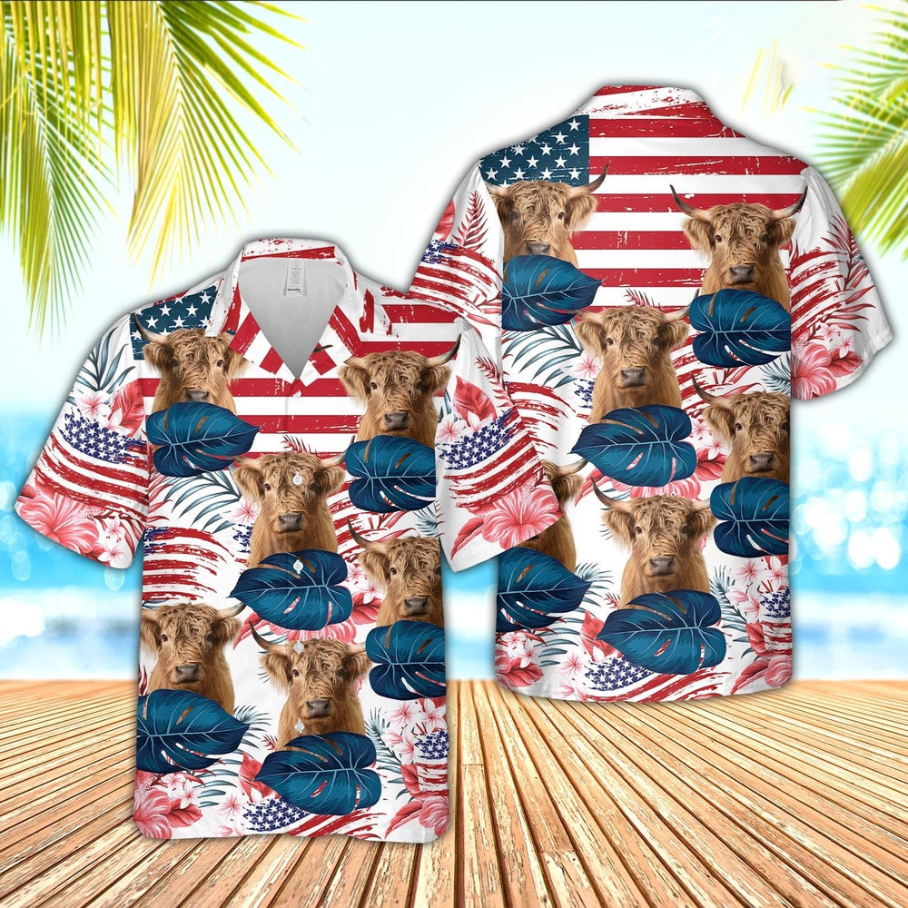 Highland Cattle Hibiscus Pattern US Flag Hawaiian Shirt, Farm Hawaiian Shirt, Farmer Hawaii