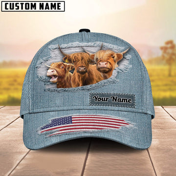 Highland Cattle Jeans Pattern Customized Name Cap, Farmer Cap, Cap For Farmers, Best Farm Hat, Farm Use Hat