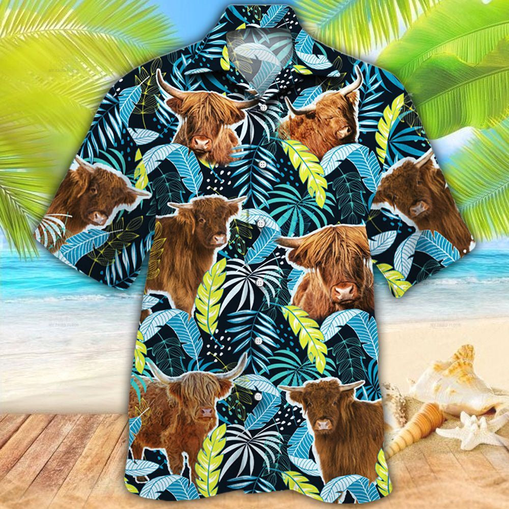 Highland Cattle Jungle Leaves All Over Printed Hawaiian Shirt, Farm Hawaiian Shirt, Farmer Hawaii