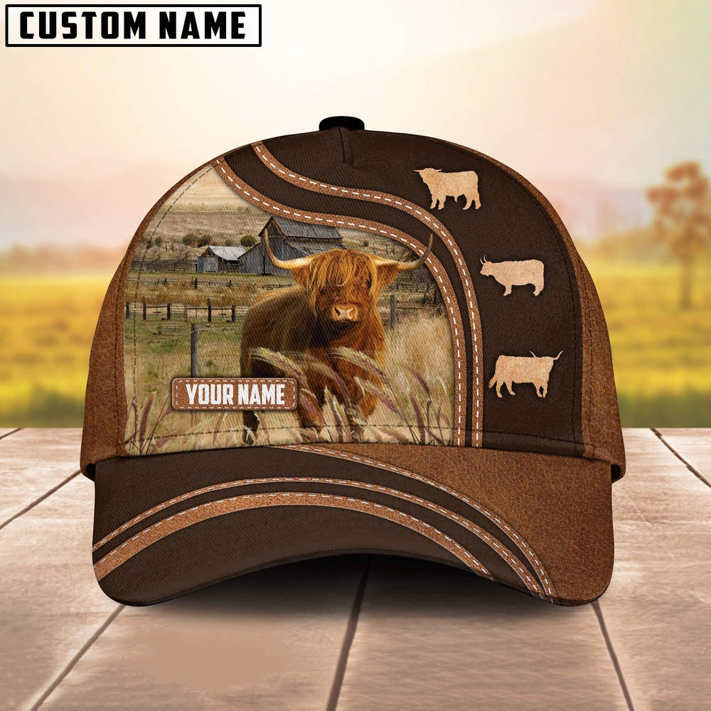 Highland Cattle Leather Brown Pattern Customized Name Cap, Farmer Cap, Cap For Farmers, Best Farm Hat, Farm Use Hat