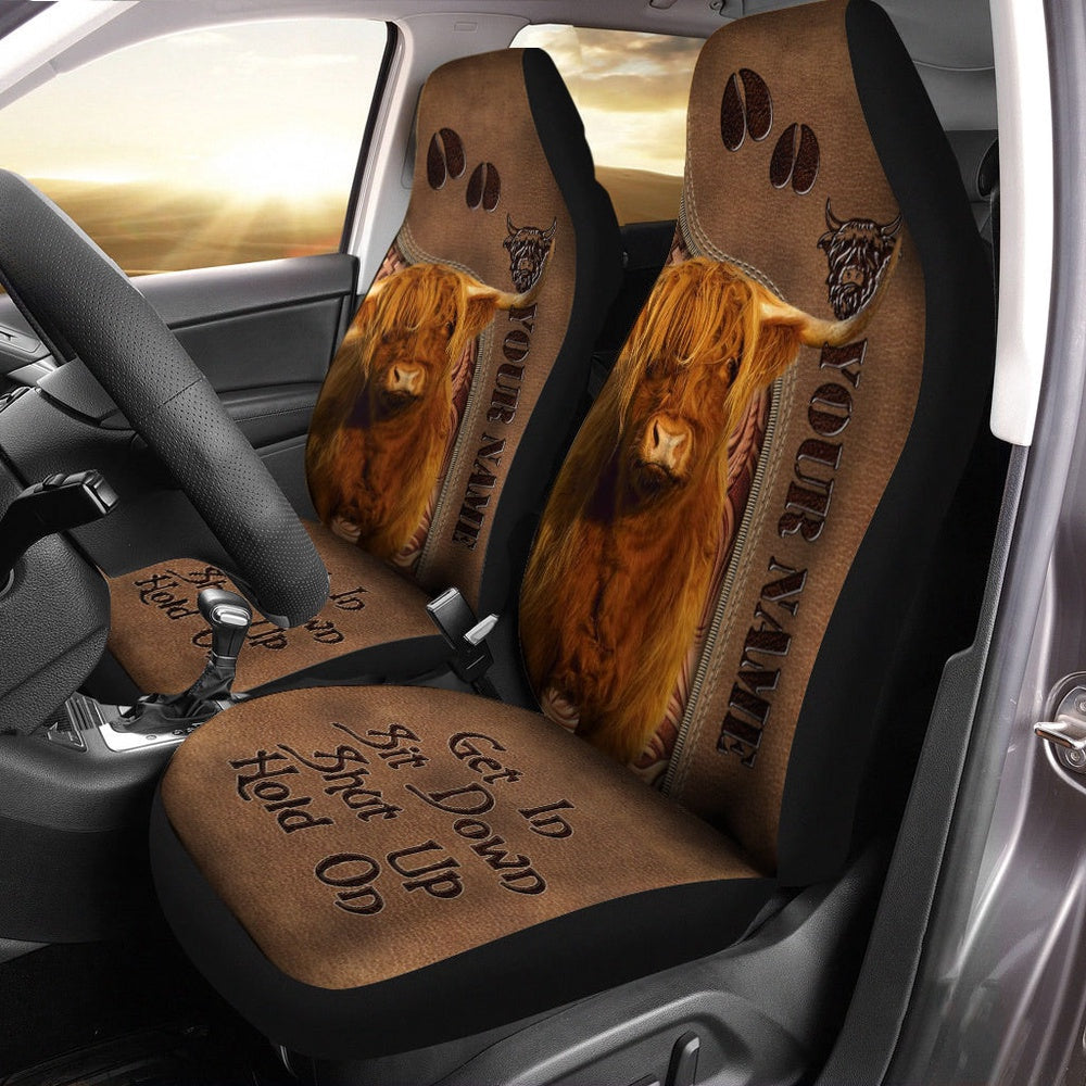 Highland Cattle Leather Carving Customized Name Car Seat Cover, Car Seat Cover, Farm Car Seat Cover, Pet Seat Covers