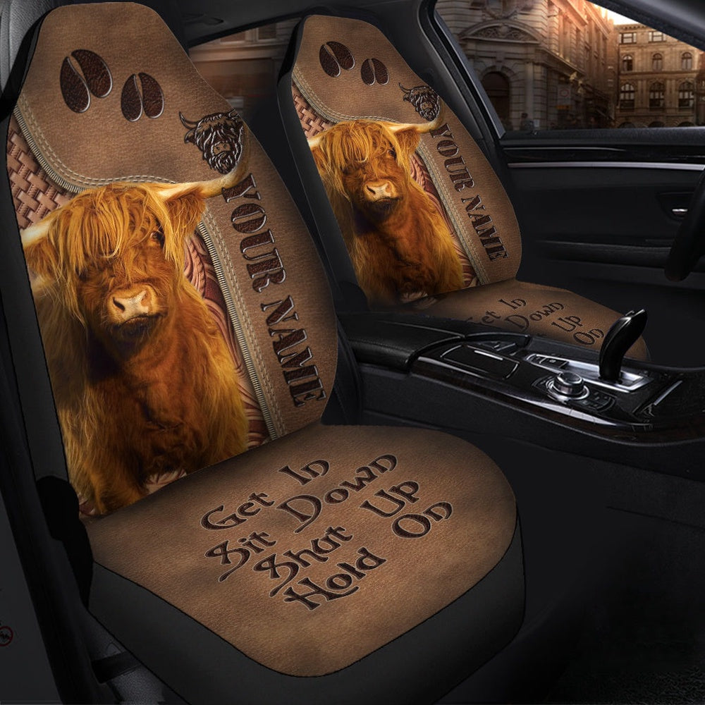 Highland Cattle Leather Carving Customized Name Car Seat Cover, Car Seat Cover, Farm Car Seat Cover, Pet Seat Covers