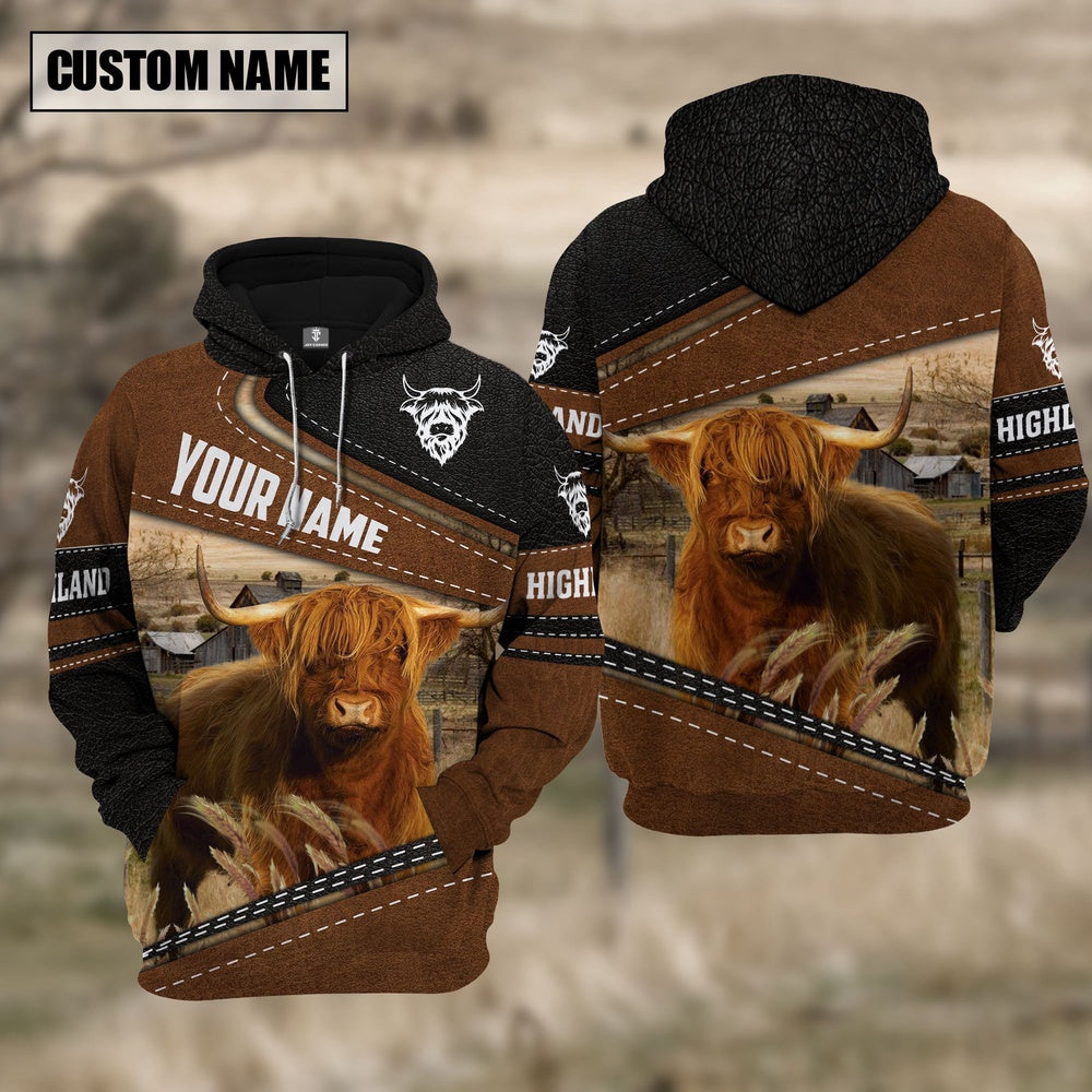 Highland Cattle Leather Farm Personalized 3D Hoodie, Farmer Hoodie, Custom Farm Shirts, Farmer T Shirt