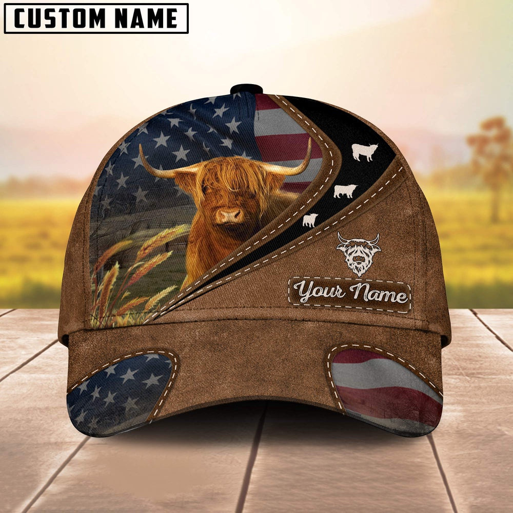 Highland Cattle Leather Pattern American Customized Name Cap, Farmer Cap, Cap For Farmers, Best Farm Hat, Farm Use Hat