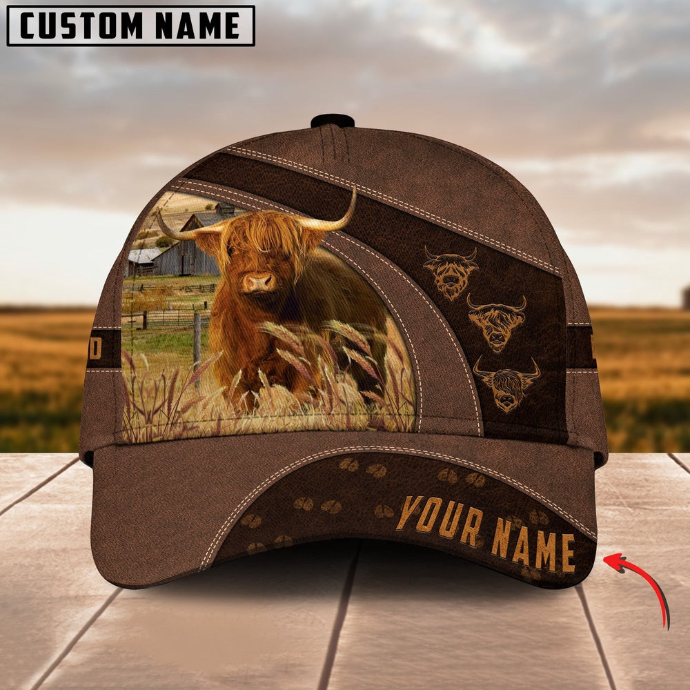 Highland Cattle Leather Pattern Customized Name Cap, Farmer Cap, Cap For Farmers, Best Farm Hat, Farm Use Hat