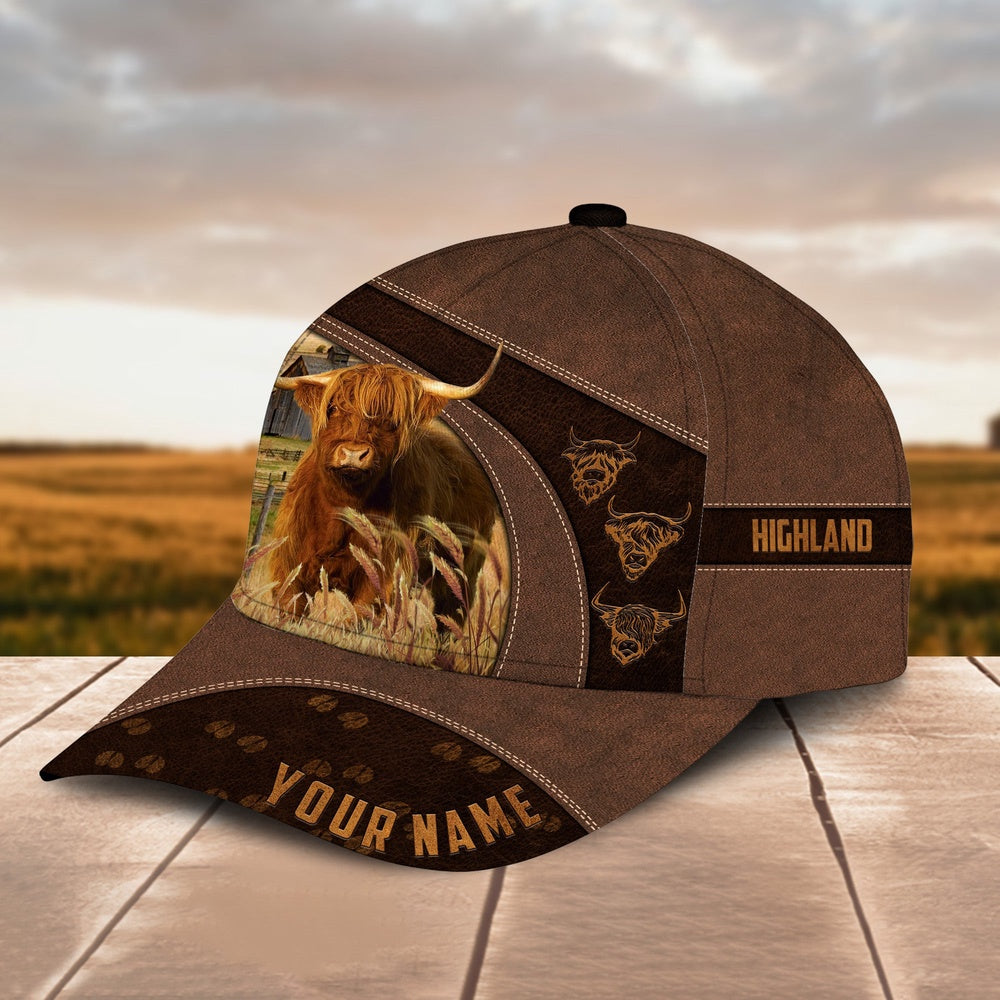 Highland Cattle Leather Pattern Customized Name Cap, Farmer Cap, Cap For Farmers, Best Farm Hat, Farm Use Hat