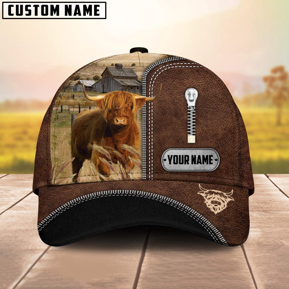 Highland Cattle Leather Zip Pattern Customized Name Cap, Farmer Cap, Cap For Farmers, Best Farm Hat, Farm Use Hat