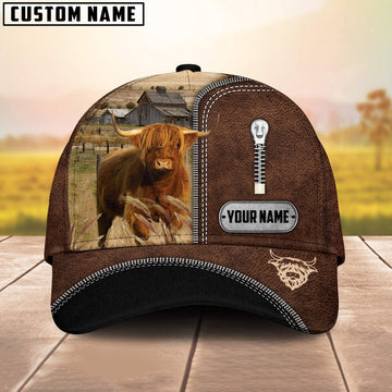 Highland Cattle Leather Zip Pattern Customized Name Cap, Farmer Cap, Cap For Farmers, Best Farm Hat, Farm Use Hat