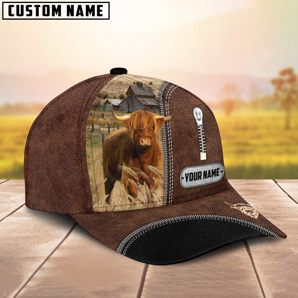 Highland Cattle Leather Zip Pattern Customized Name Cap, Farmer Cap, Cap For Farmers, Best Farm Hat, Farm Use Hat