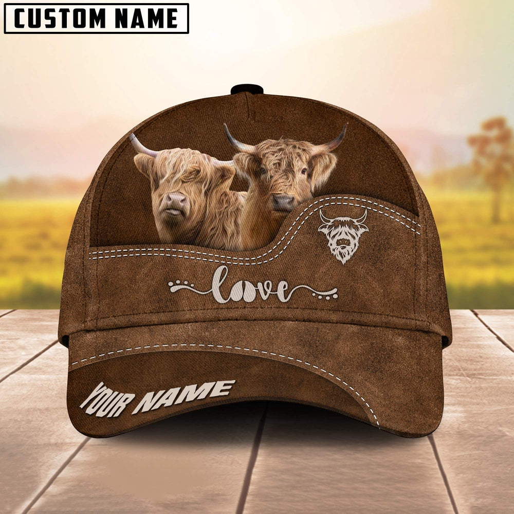 Highland Cattle Love Leather Pattern Customized Name Cap, Farmer Cap, Cap For Farmers, Best Farm Hat, Farm Use Hat