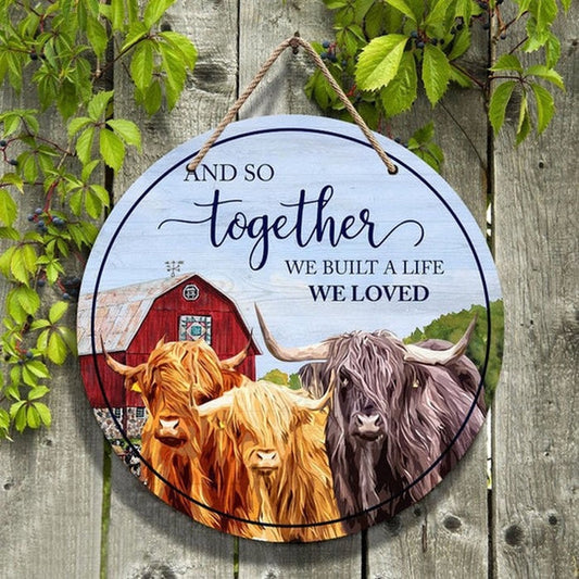 Highland Cattle Lovers And So Together Round Happy Halloween Wooden Sign, Farm Wood Sign, Farmhouse Decor Wooden Signs
