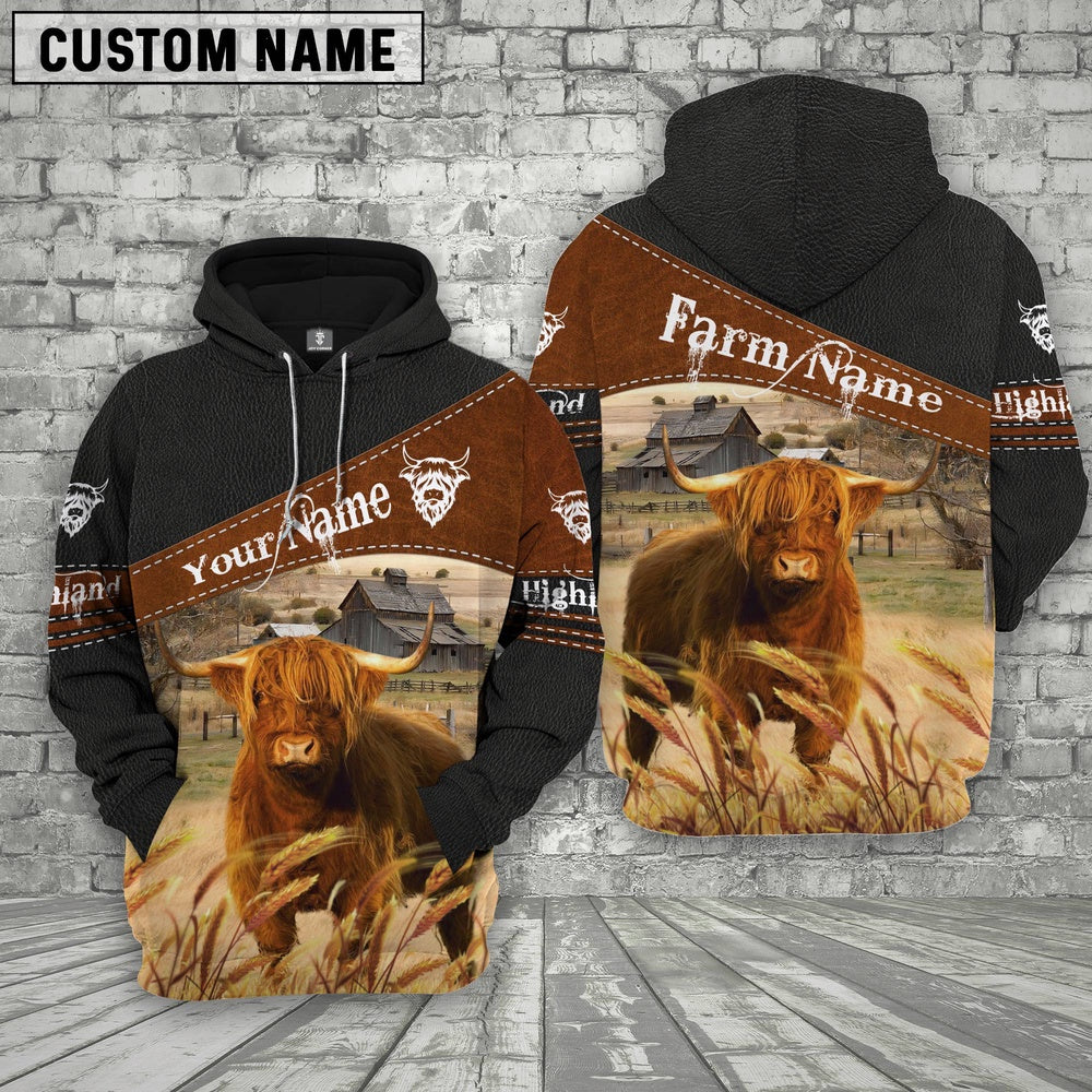 Highland Cattle On Farms Custom Name Printed 3D Black Hoodie, Farmer Hoodie, Custom Farm Shirts, Farmer T Shirt