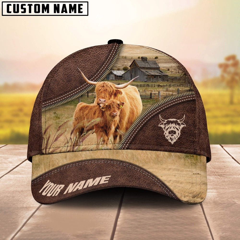 Highland Cattle On The Farm Customized Name 3D Brown Cap, Farmer Cap, Cap For Farmers, Best Farm Hat, Farm Use Hat