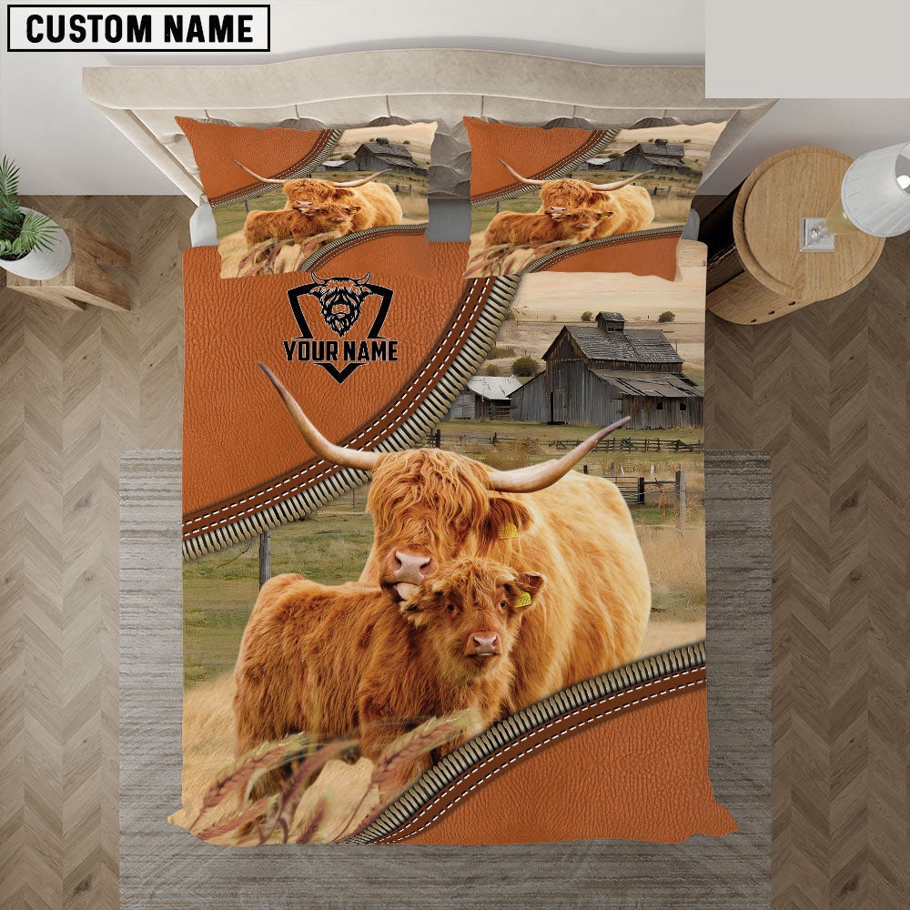 Highland Cattle On The Farm Customized Name Bedding Set, Farm Bedding Set, Farmhouse Bedding Set