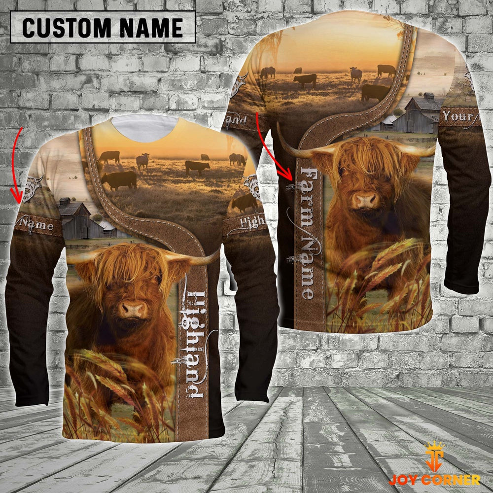 Highland Cattle On The Farm Customized Name Brown Long Sleeve Shirt, Farmer Hoodie, Custom Farm Shirts, Farmer T Shirt